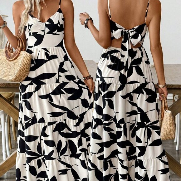 Apricot Boho Women's Printed Holiday Strap Dress With Tie - Picture 3 of 6